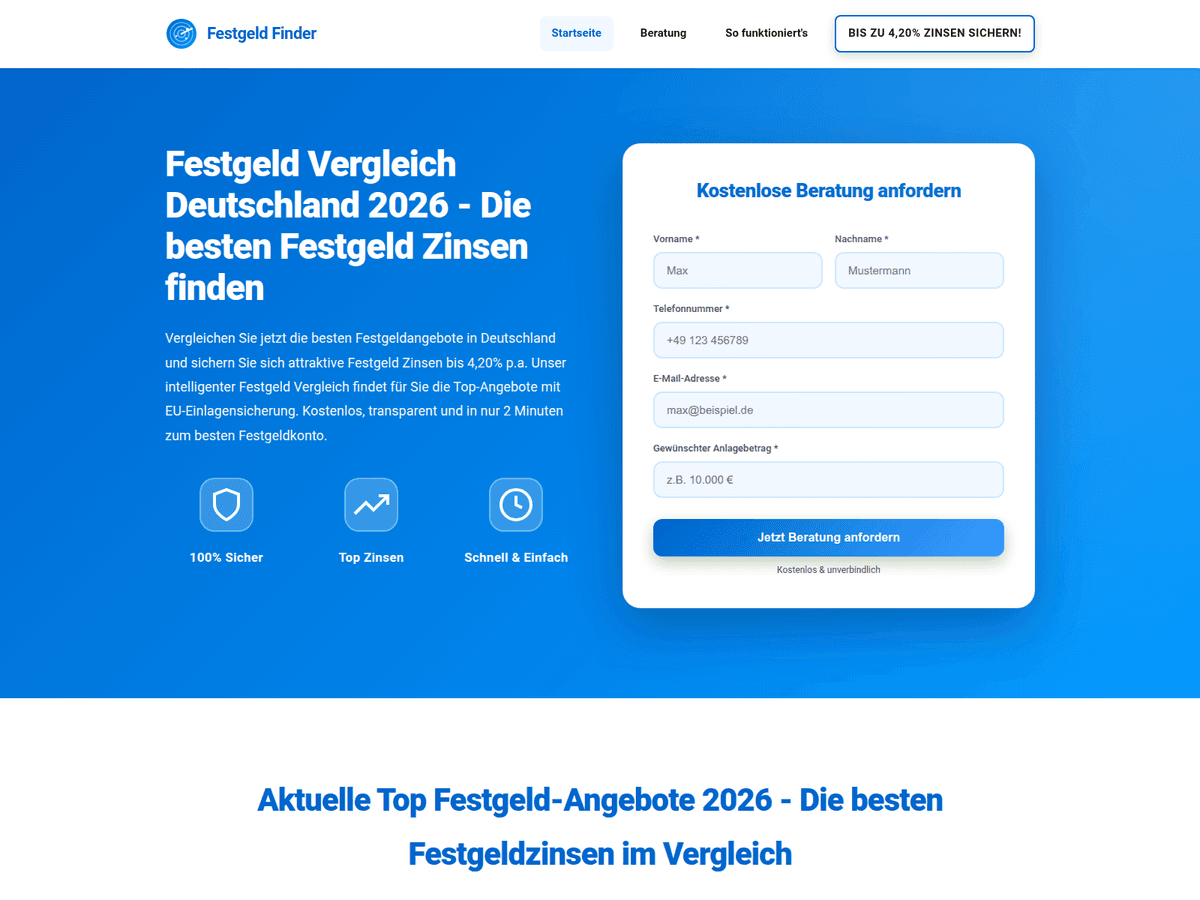 Screenshot der Webseite Festgeld Finder (festgeld-finder.de)