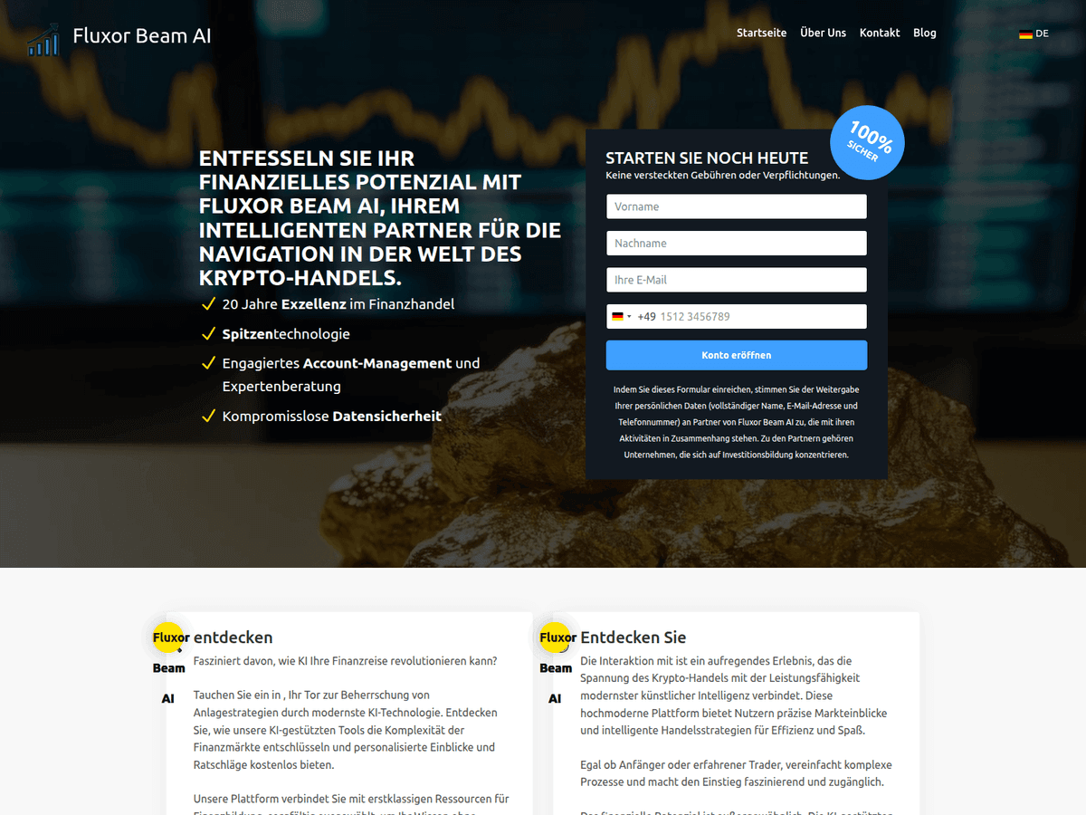 Screenshot der Webseite Fluxorbeam Ai (fluxorbeam-ai.com)