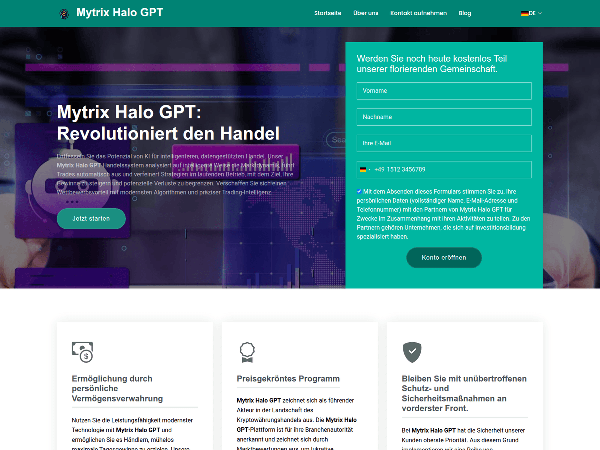 Screenshot der Webseite Mytrix Halogpt (mytrix-halogpt.de)