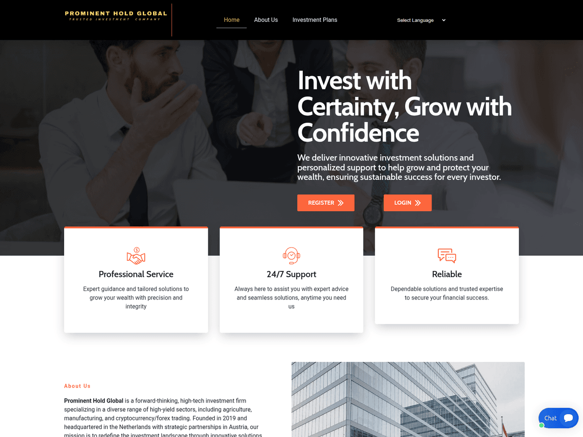 Screenshot der Webseite Prominentholdglobal (prominentholdglobal.com)