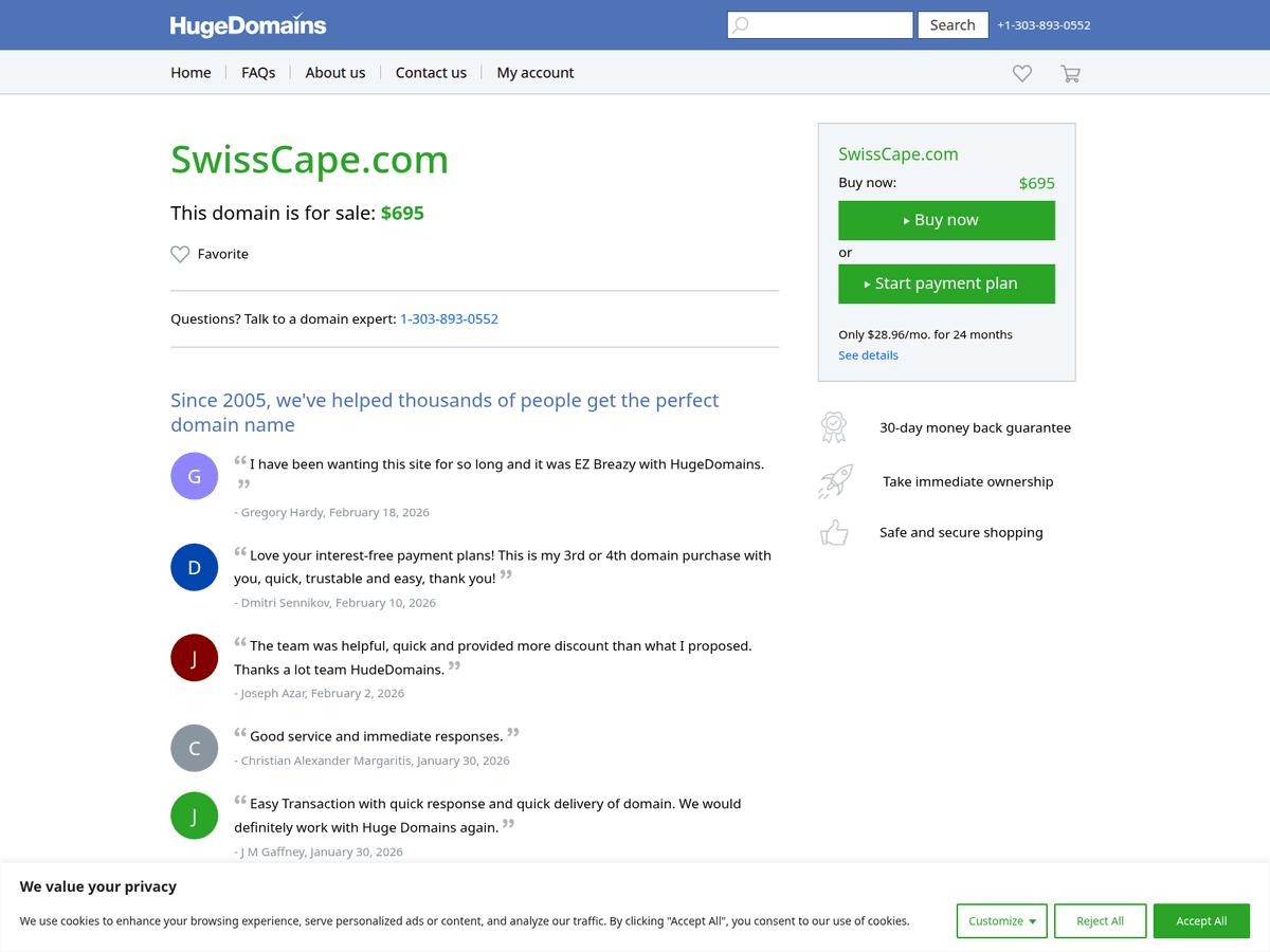 Screenshot der Webseite Swisscape (swisscape.com)