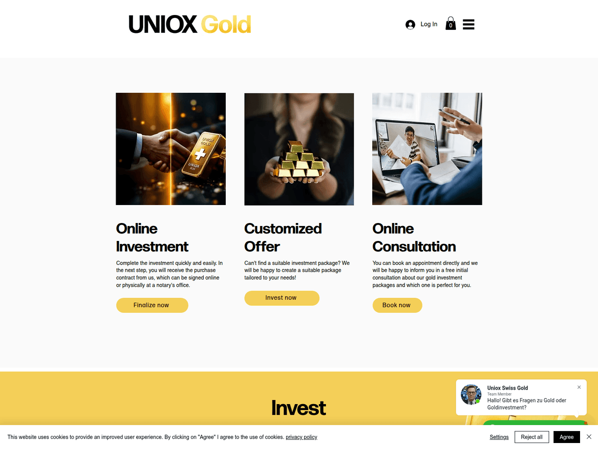 Screenshot der Webseite Unioxgold (unioxgold.ch)