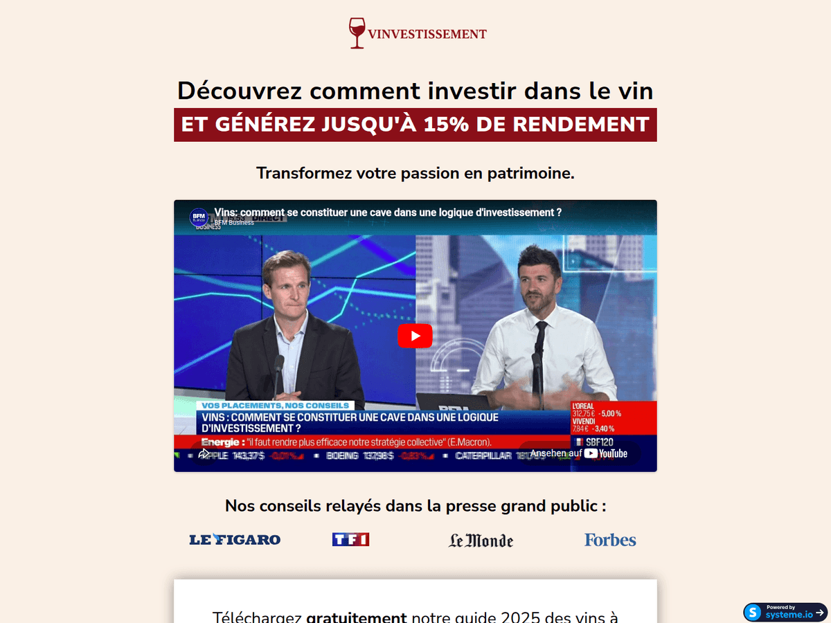 Screenshot der Webseite Vinvestissement (vinvestissement.com)