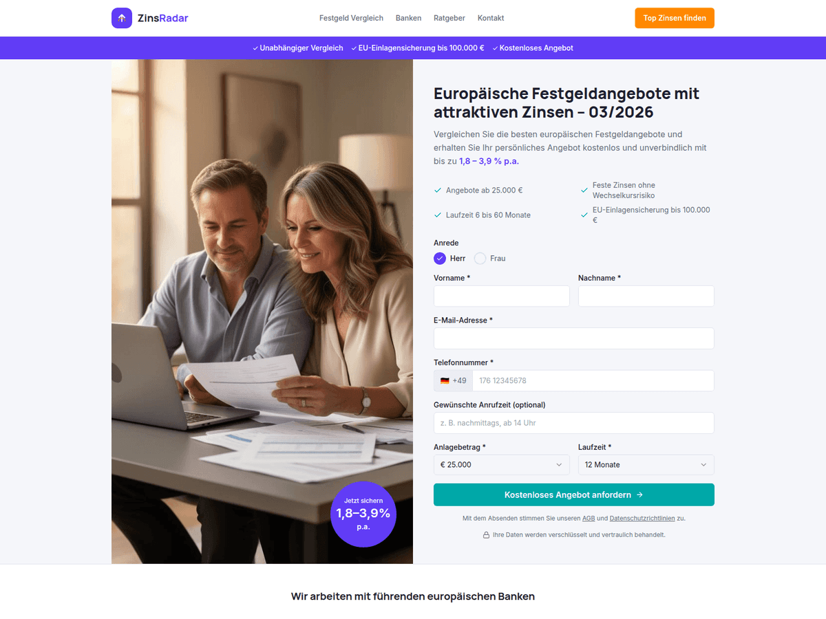 Screenshot der Webseite Zins Radar (zins-radar.net)