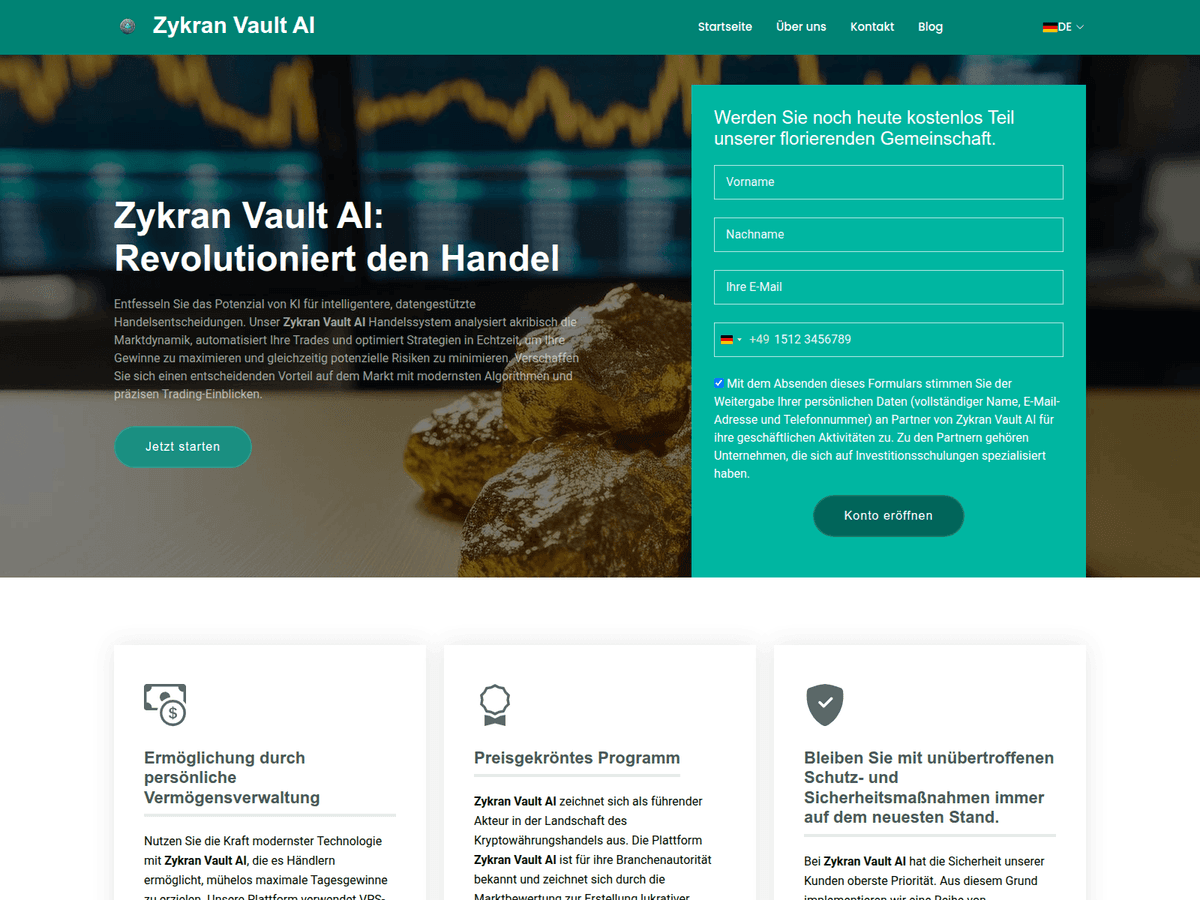 Screenshot der Webseite Zykran Vault Ai (zykran-vault-ai.de)