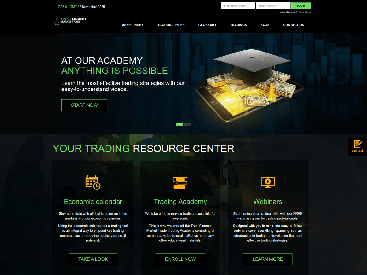 Screenshot der Webseite Trustfinancemarket (trustfinancemarket.biz)