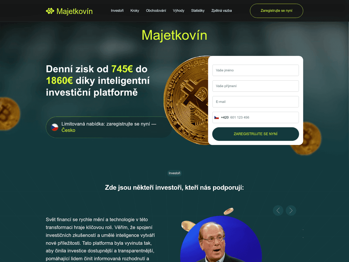 Screenshot der Webseite Majetkovin Official (majetkovin-official.com)