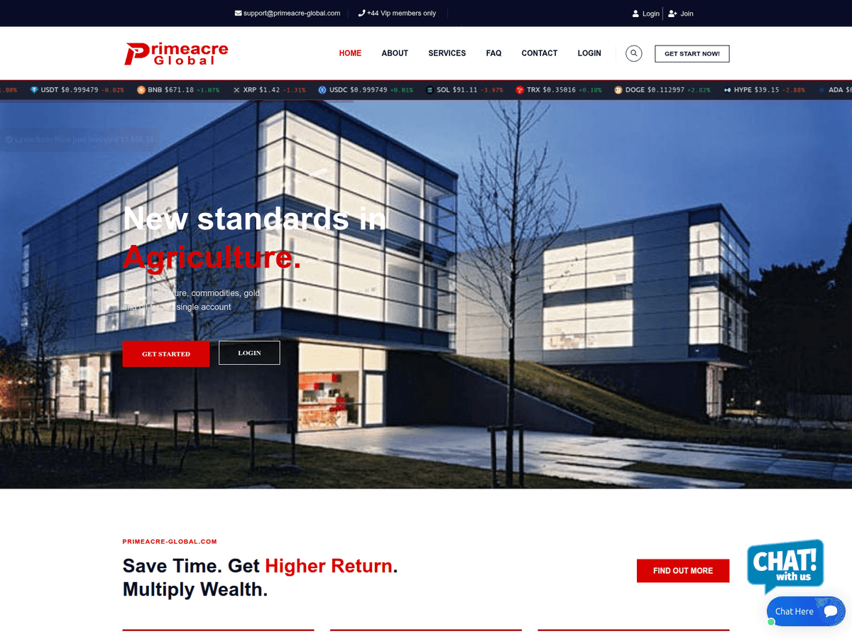Screenshot der Webseite Primeacre Global (primeacre-global.com)