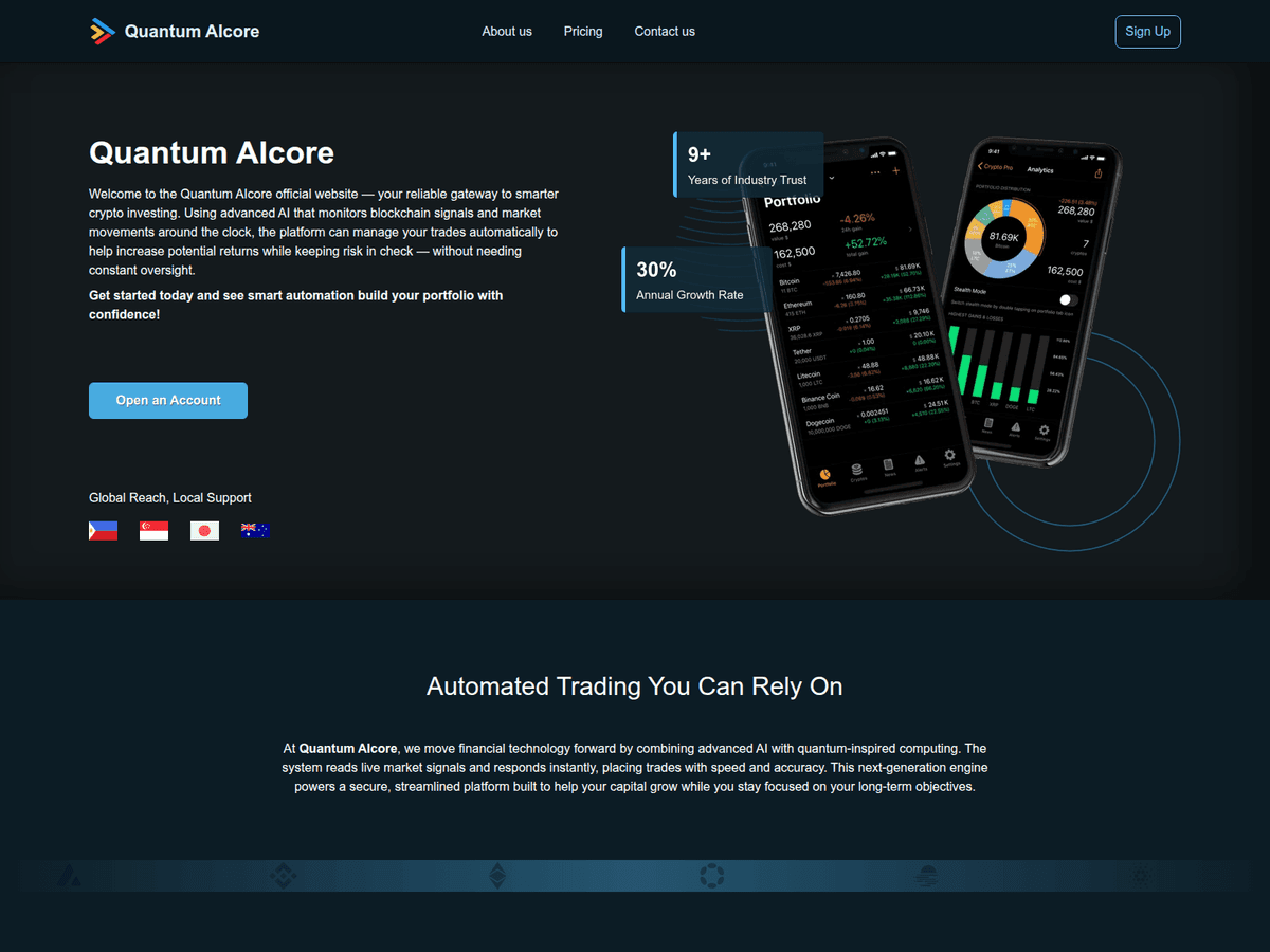 Screenshot der Webseite Quantumaicore Official (quantumaicore-official.com)