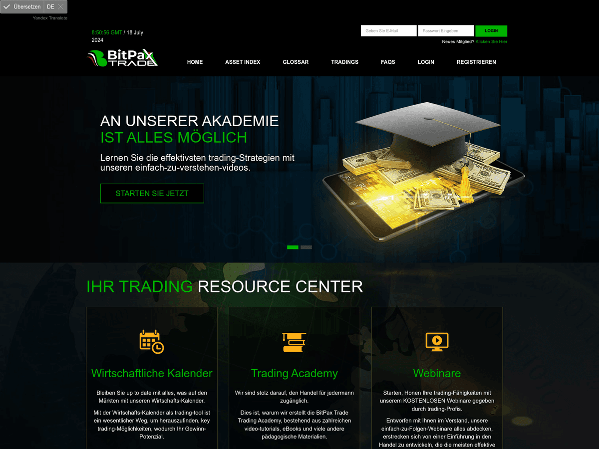 Screenshot der Webseite Bitpaxtrade (bitpaxtrade.org)