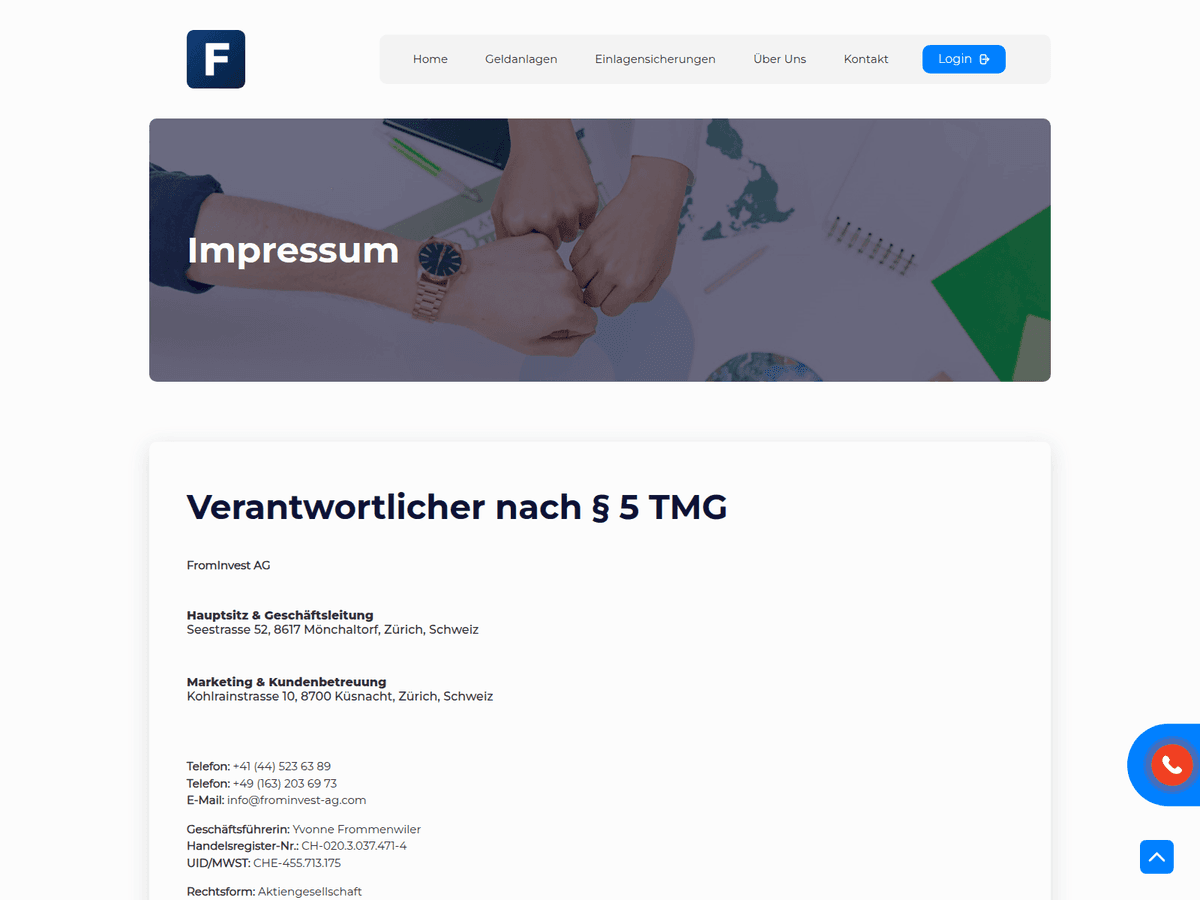 Screenshot der Webseite Frominvest Ag (frominvest-ag.com)