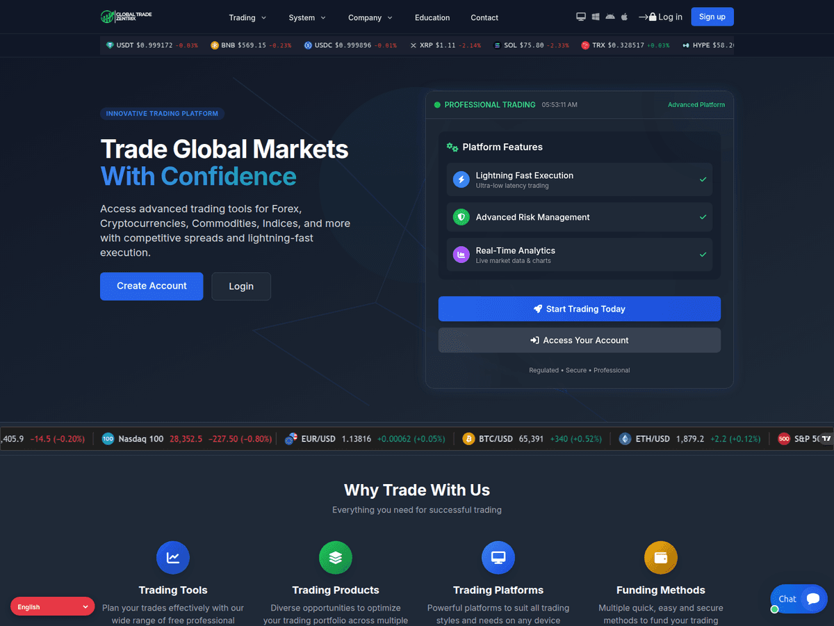 Screenshot der Webseite Globaltradezentrix (globaltradezentrix.com)