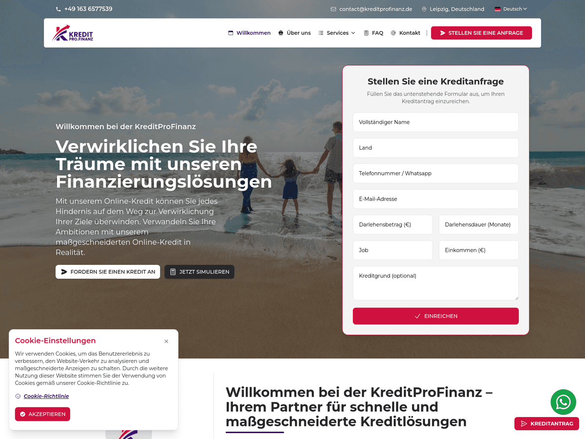 Screenshot der Webseite Kreditprofinanz (kreditprofinanz.de)